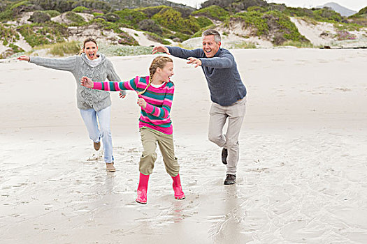 父母,追逐,儿童,有趣,海滩