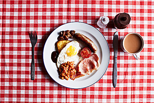 英式早餐,方格,桌布,俯视