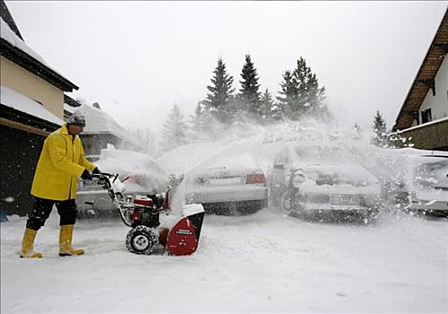 男人,雪,公寓,自动,吹雪机,矿,山峦,萨克森,德国