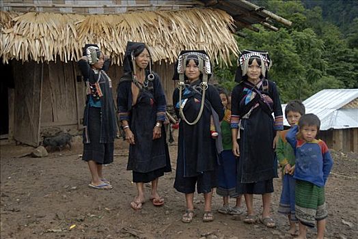 四个女人,阿卡族,部落,传统服装,孩子,禁止,省,老挝,东南亚