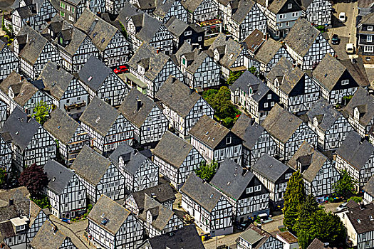 航拍,半木结构房屋,岁月,斑点,历史,城市,北莱茵威斯特伐利亚,德国,欧洲