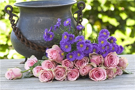 紫色,紫苑属,粉色,玫瑰,老式,花瓶
