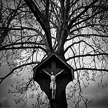 小雕像,耶稣,悬挂,十字架,正面,树,德国
