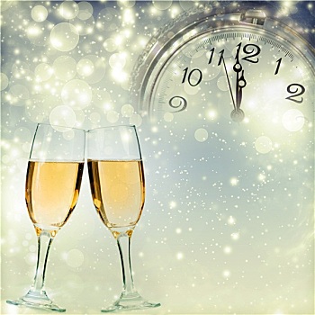 玻璃杯,香槟,钟表,挨着,午夜