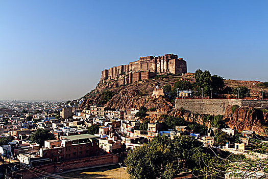 梅兰加尔堡,山,蓝色,城市,拉贾斯坦邦,印度,亚洲