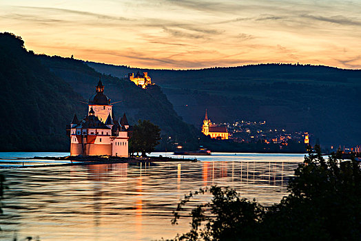 城堡,正面,暮光,光亮,莱茵兰普法尔茨州,德国,欧洲