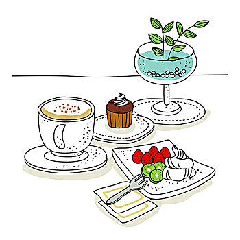 咖啡,杯形糕饼,新鲜,水果切片,玻璃,饮料