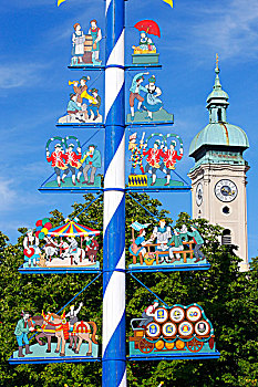五月花柱,维克托阿灵广场集市,圣灵大教堂,圣灵教堂,慕尼黑,巴伐利亚,德国,欧洲