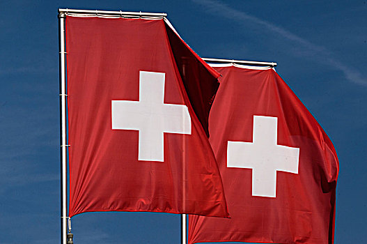 瑞士,沃州,区域,莱曼,特写,两个,旗帜,摆动,蓝天