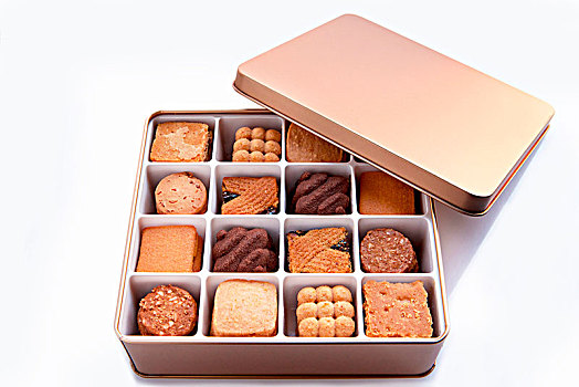 高级的贺礼,精致的饼干礼盒,金色铁盒在白底