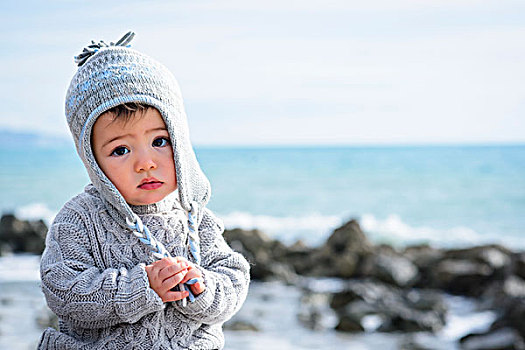 男婴,帽子,毛衣,海洋,冬天,意大利