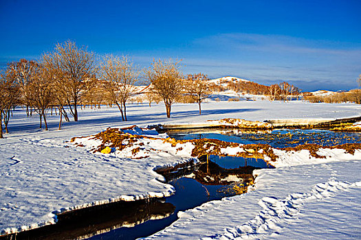 内蒙古冬天,坝上风光,草原,白桦林,雪景,木屋,小河