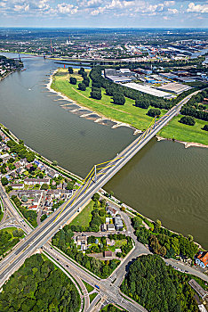 阻挡,桥,莱茵河,高架路,道路,基础设施,交通路线,高速公路,出口,行人,杜伊斯堡,鲁尔区,北莱茵威斯特伐利亚,德国