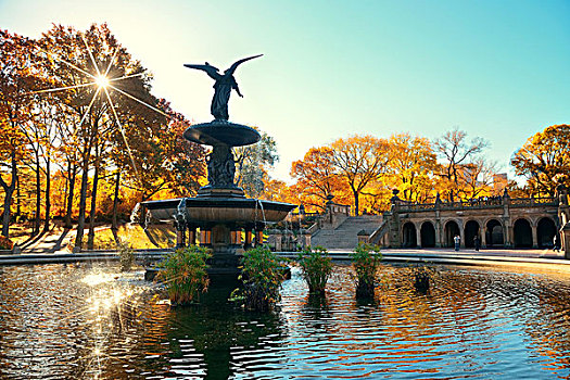 中央公园,秋天,天使,喷泉,曼哈顿中城,纽约