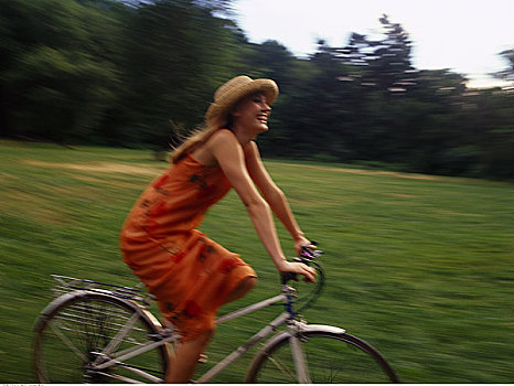 女人,骑自行车,地点,笑