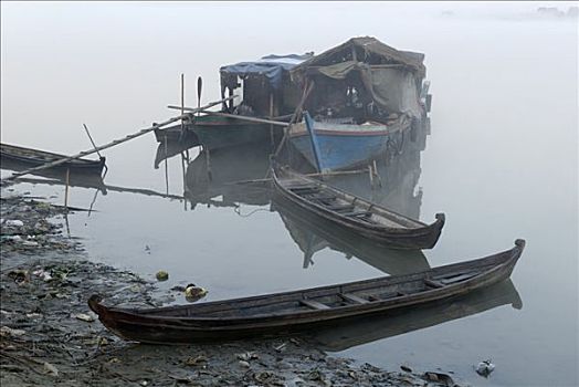 船,伊洛瓦底江,早晨,雾,缅甸,亚洲
