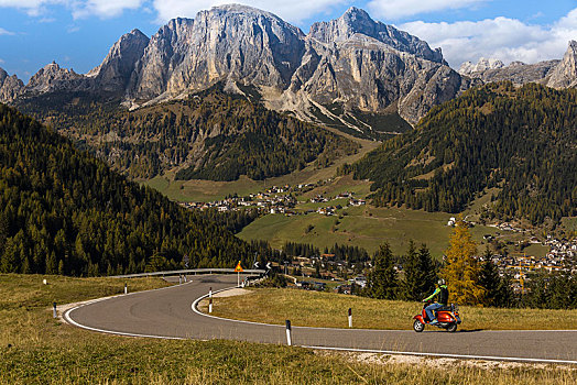 摩托车,弯路,秋天,阿尔泰,白云岩,南蒂罗尔,意大利,欧洲