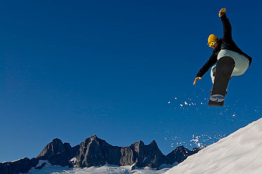 滑雪板玩家,跳跃,斜坡,区域,棉田豪冰河,塔,背景,东南部,阿拉斯加