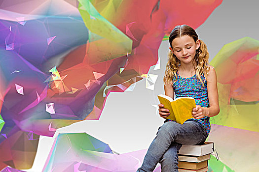 合成效果,图像,可爱,小女孩,读,书本,图书馆,彩色,抽象,设计