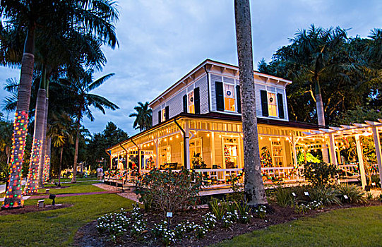 家,博物馆,迈尔斯堡,佛罗里达,圣诞灯光,户外,房子,棕榈树,地面