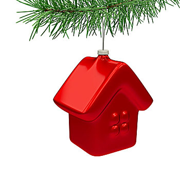 红房,玩具,悬挂,圣诞树,隔绝,白色背景