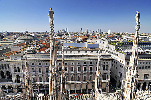 风景,米兰,天际线,尖顶,雕塑,上面,大教堂,意大利