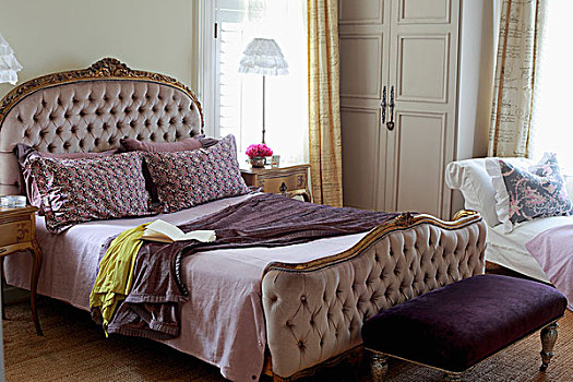 老式,双人床,微暗,粉色,镀金,传统,卧室