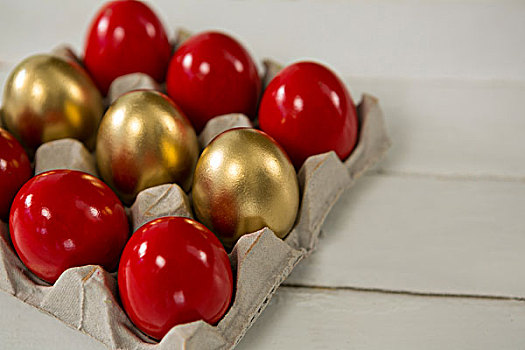 特写,红色,金色,复活节彩蛋,纸盒,木质背景