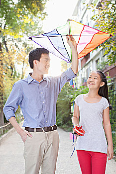 父亲,女儿,放风筝
