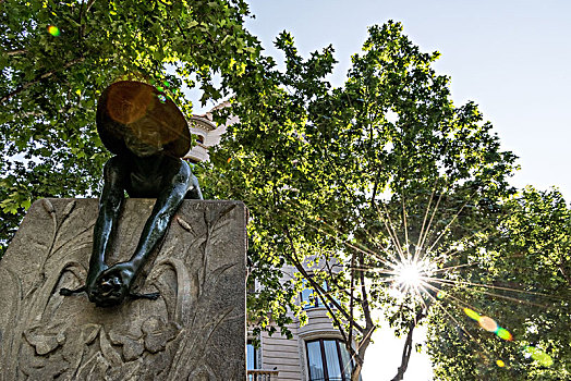 雕塑,巴塞罗那,男孩,青蛙,逆光,太阳