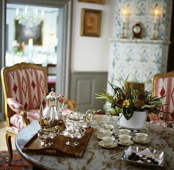 托盘,银,茶具,杯子,碟,巧克力,桌上