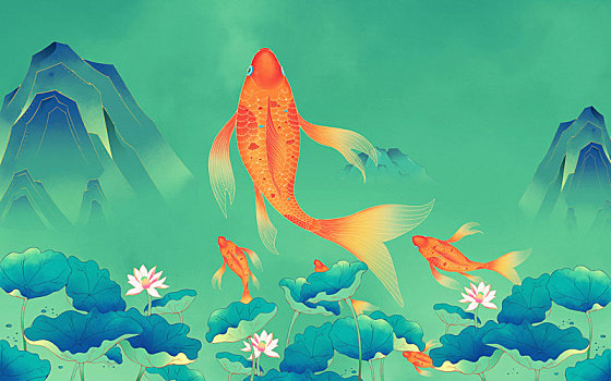 國潮風錦鯉躍出蓮花夏季插畫背景素材