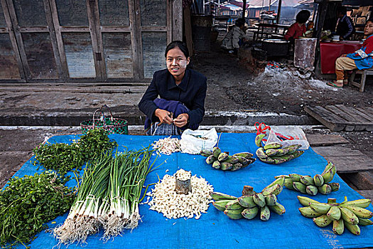 女人,销售,蔬菜,市场,掸邦,缅甸,亚洲