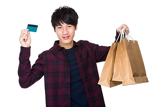 亚洲人,男青年,购物袋,信用卡