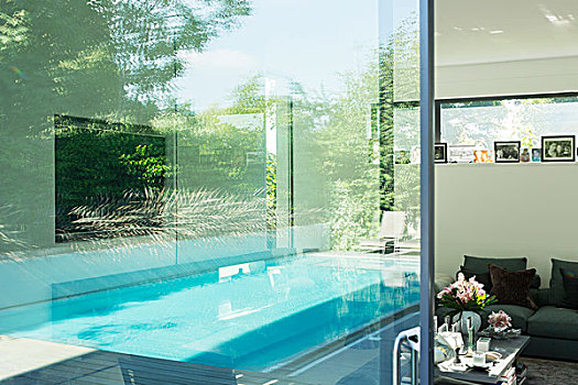 游泳池,反射,玻璃窗,现代住宅