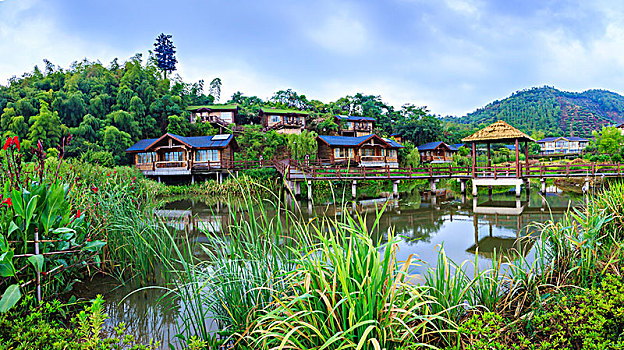 小木屋,桥,水面,小溪