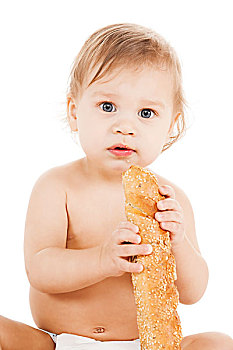 孩子,概念,可爱,吃饭,长,面包