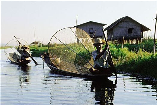 缅甸,捕鱼者,船,茵莱湖