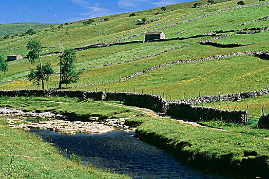 石头,栏杆,土地,约克郡溪谷国家公园,英格兰