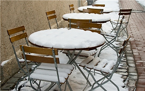 雪,椅子,街头咖啡馆