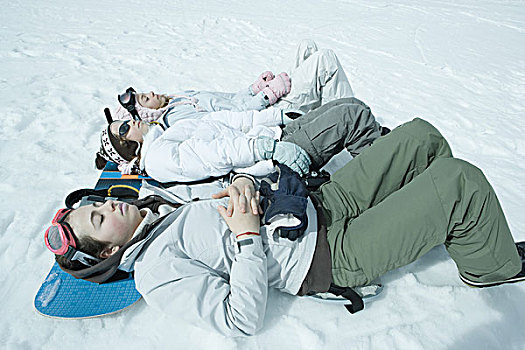 三姐妹山,躺着,雪,头部,休息,滑雪板