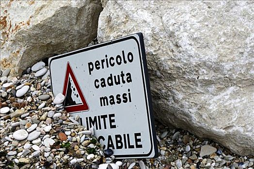 落下,石头,警告标识,卧,下落,海滩,马希地区,意大利,欧洲