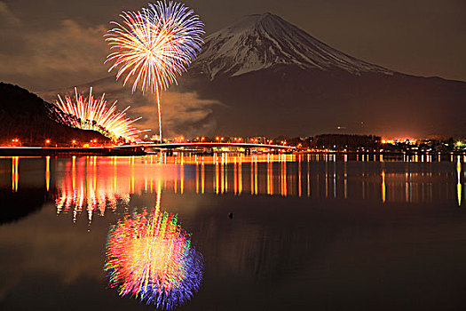 烟花,山,富士山,冬天,湖