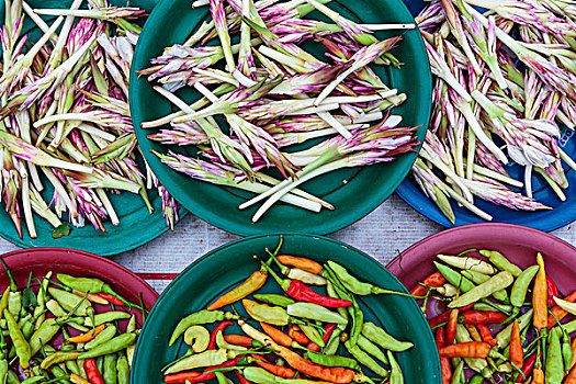 新鲜,辣椒,食用花卉,市场,万象,老挝