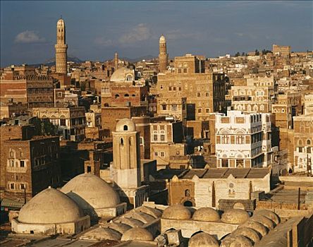 也门,萨那,全景,房子,尖塔