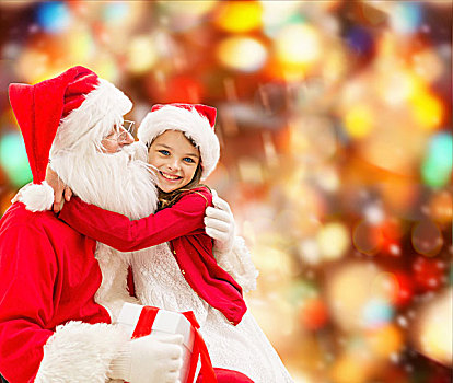 休假,圣诞节,孩子,人,概念,微笑,小女孩,搂抱,圣诞老人,上方,红灯,背景