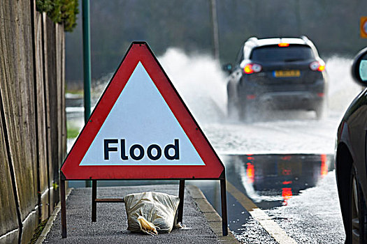 驾驶员,驾驶,洪水,水,警告标识,前景