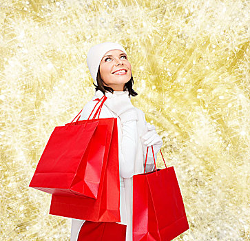 高兴,寒假,圣诞节,人,概念,微笑,少妇,白色,帽子,连指手套,红色,购物袋,上方,黄光,背景