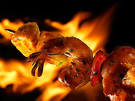 虾,烤串,正面,火焰