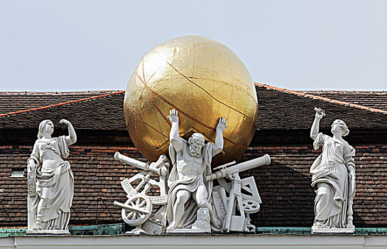 阿特拉斯神,苍穹,肩扛,神话,塑像,屋顶,国家图书馆,维也纳,奥地利,欧洲